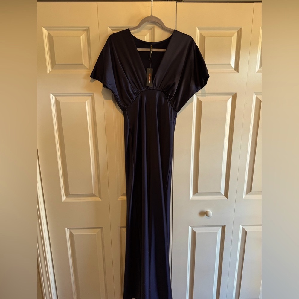 CeCe Blue Satin Dolman Sleeve V-Neck Maxi Gown